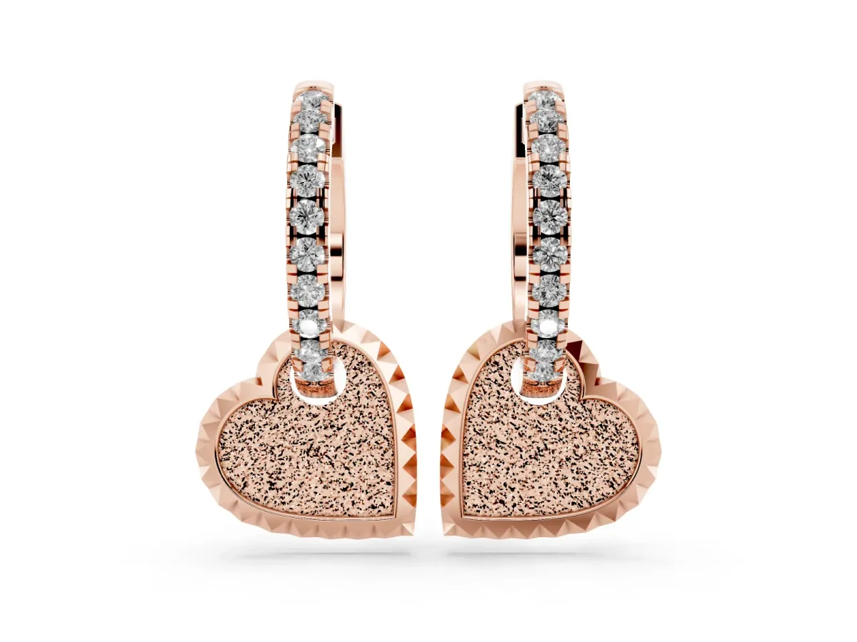 Round Diamond Heart Charm Huggie Hoop Earrings Rose gold