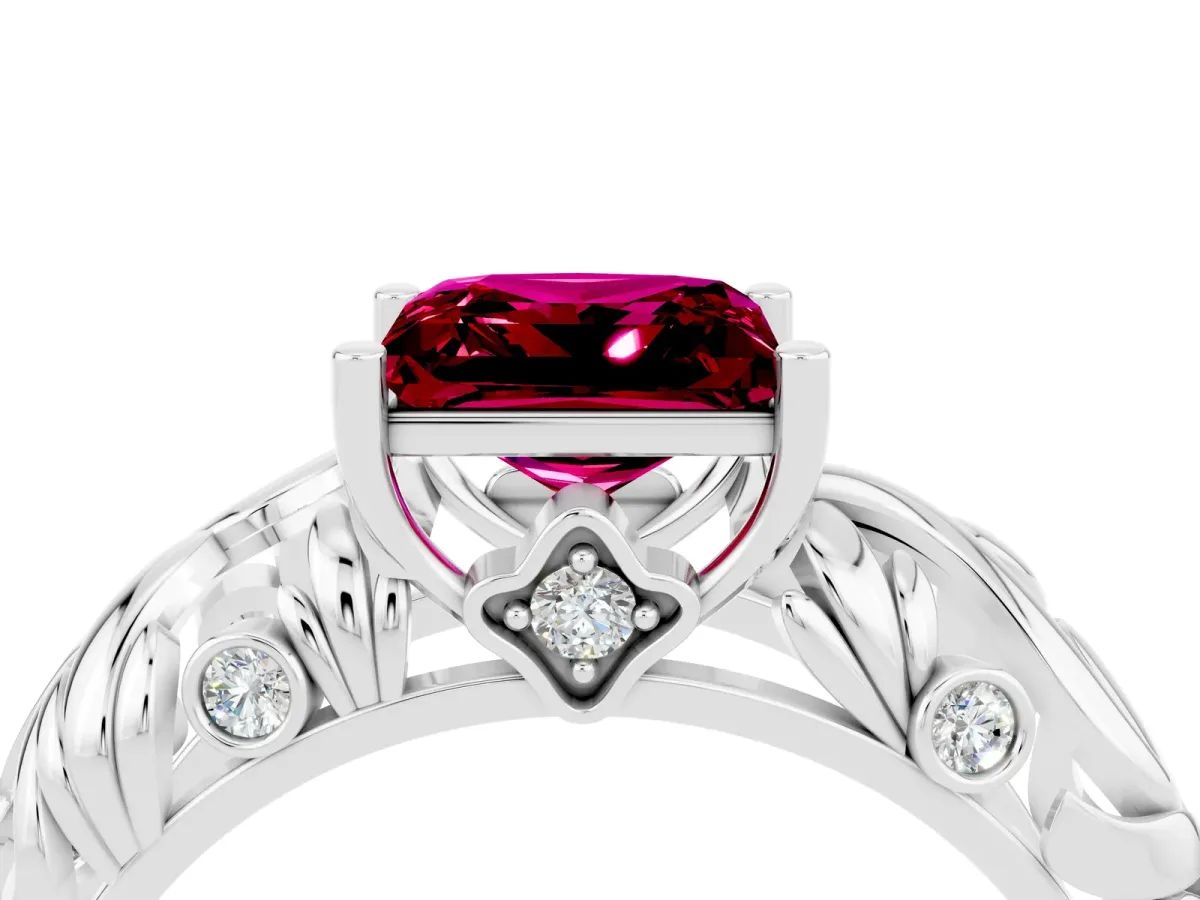 Princess Cut Solitaire Garnet Leaf-Inspired Vine Band Ring with Prong Setting White gold