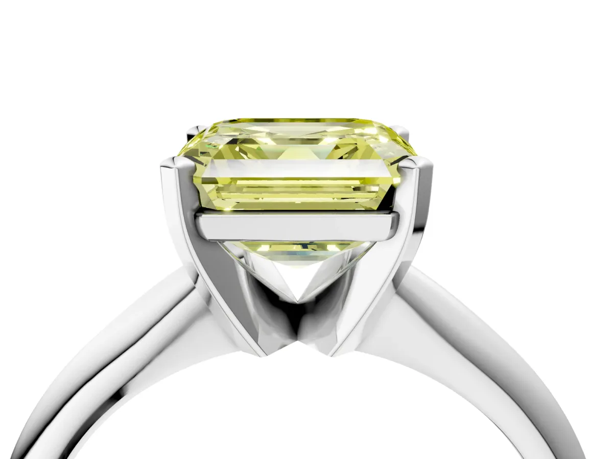 Fancy Yellow Asscher Cut Cut Solitaire Ring with Four-Prong Setting on a Classic Band Platinum