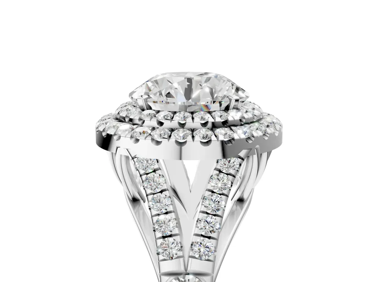 Round Cut Diamond Double Halo Ring with Split Shank and Prong Setting Platinum