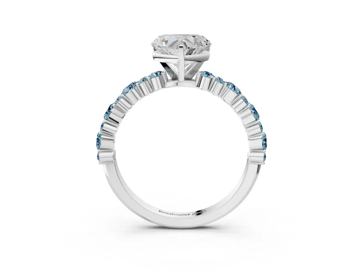 Heart Cut Diamond Side Stone Solitaire Ring with Round Aquamarine and Four-Prong Setting Silver