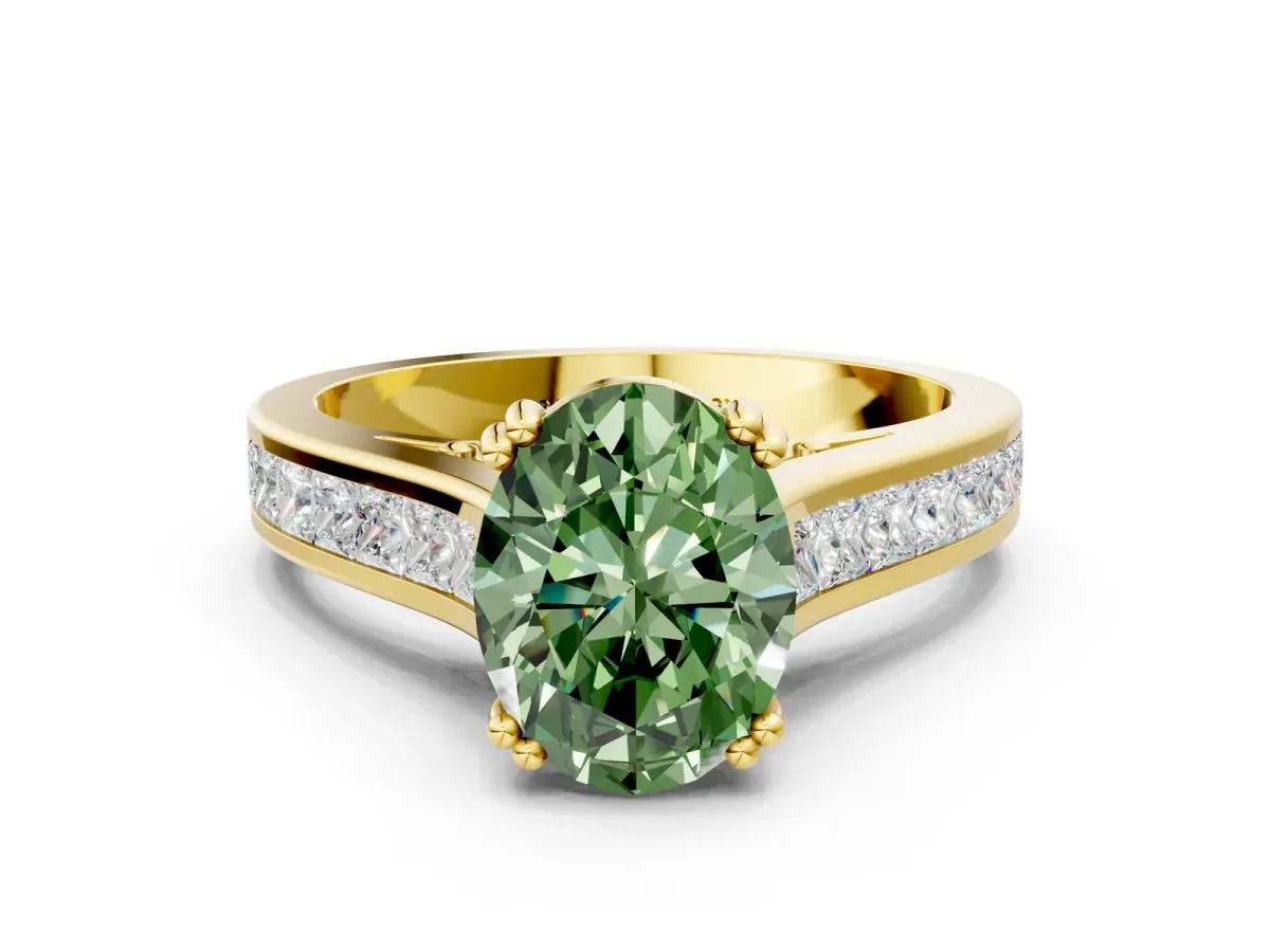 Fancy Green Oval Cut Cut Channel Set Solitaire Engagement Ring with Prong Setting Yellow gold
