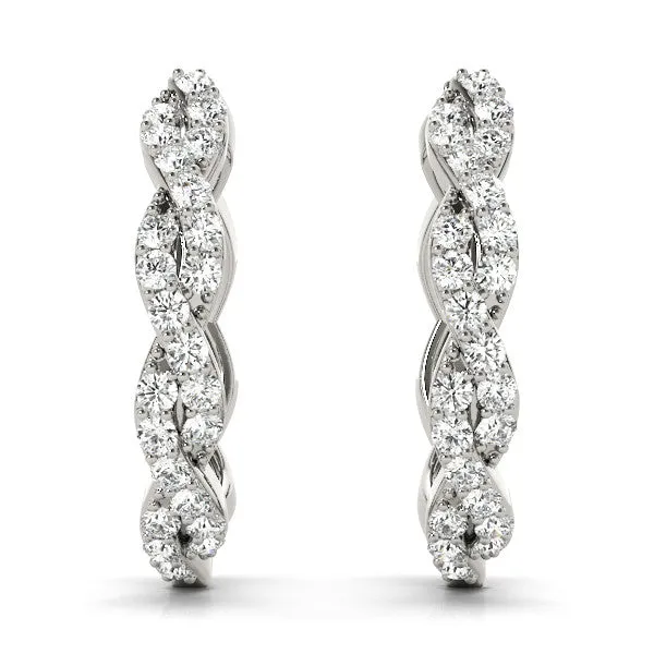 Pave Round Diamond Twisted Hoop Earrings with Shared Prong Setting Silver