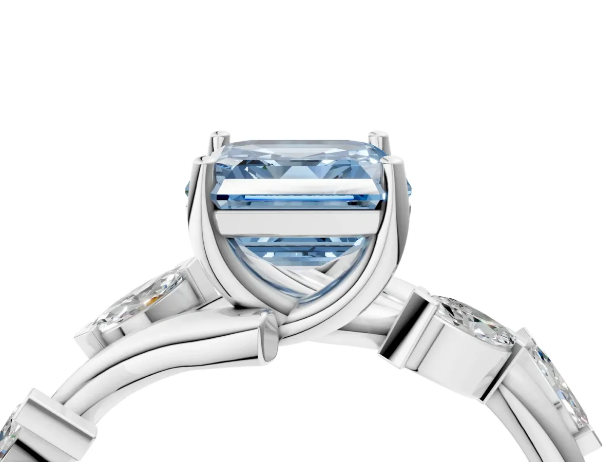 Fancy Blue Asscher Cut Solitaire Twisted Band Marquise Accent Prong Setting Ring Platinum