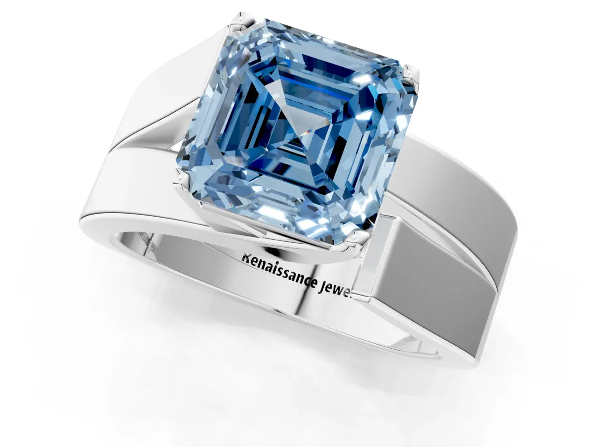 Fancy Blue Modern Tension Set Asscher Cut Diamond Solitaire Wide Band Ring Silver