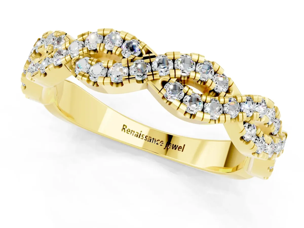 Round Moissanite Twisted Eternity Band with Pavé and Shared Prong Setting Yellow gold