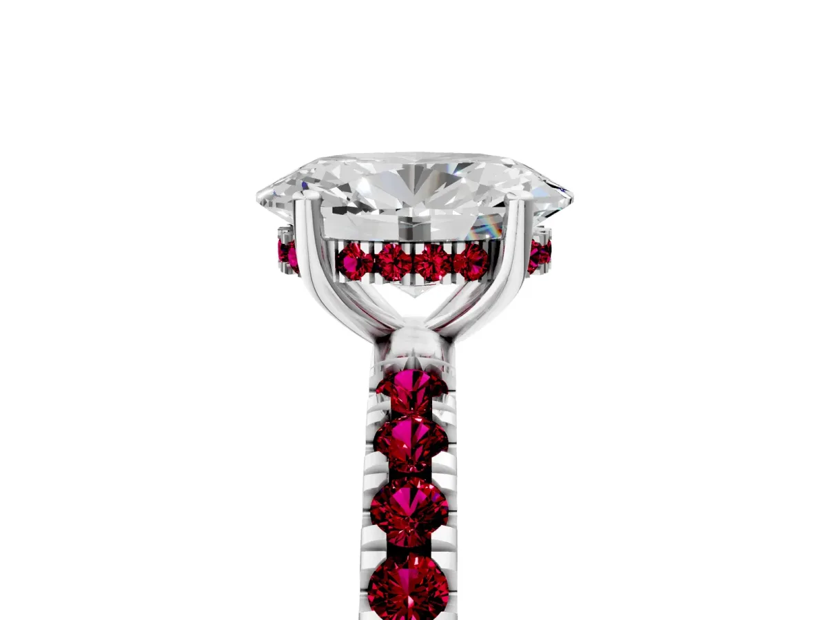 Oval Cut Diamond Pave Band Solitaire Ring with Round Garnet and Prong Setting Platinum