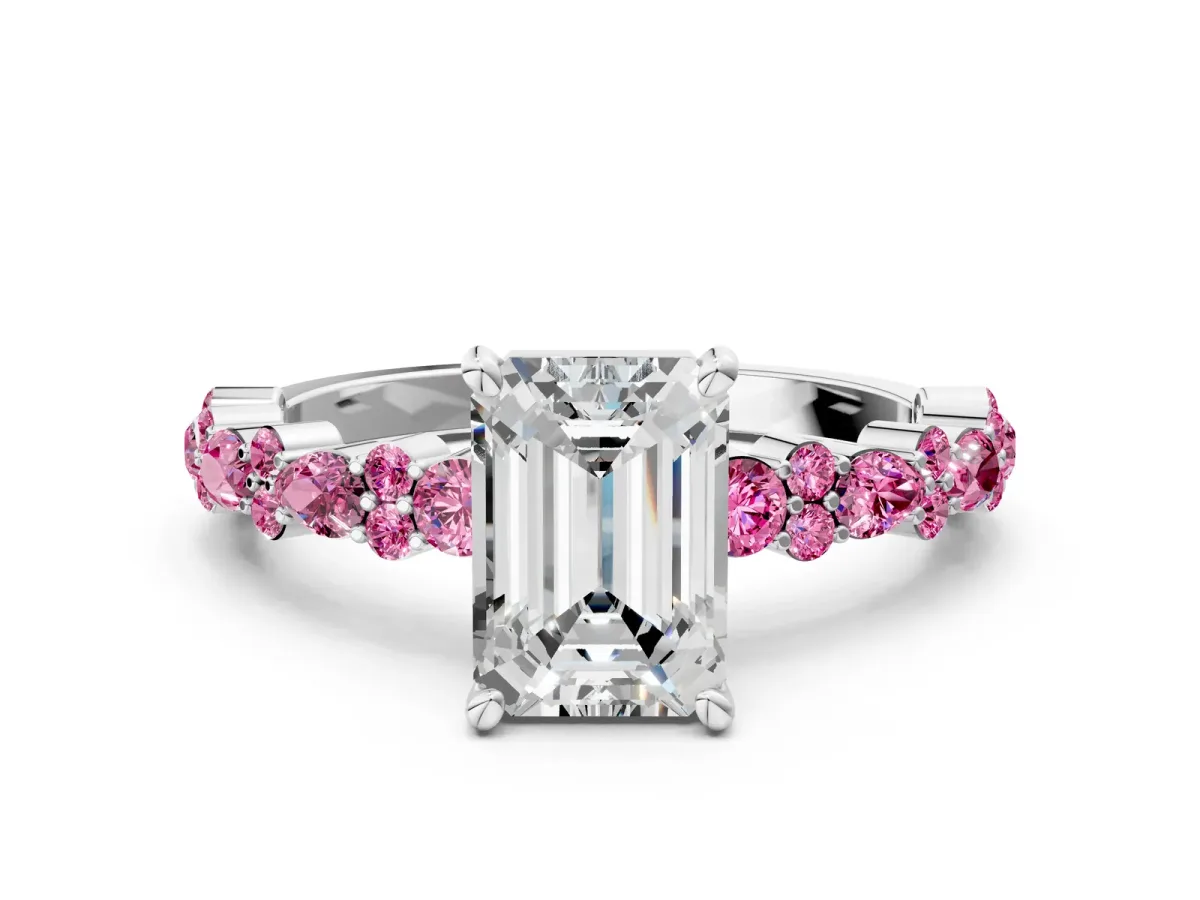 Emerald Cut Diamond Side Stone Solitaire Ring with Round Pink Sapphire and Four-Prong Setting Platinum