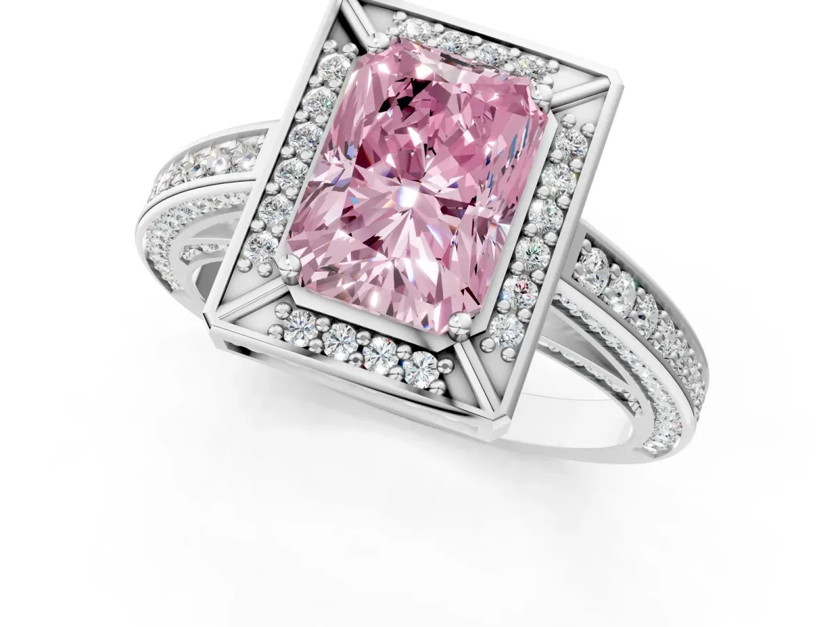 Fancy Pink Radiant Cut Cut Halo Pave Split Shank Prong Setting Ring Platinum