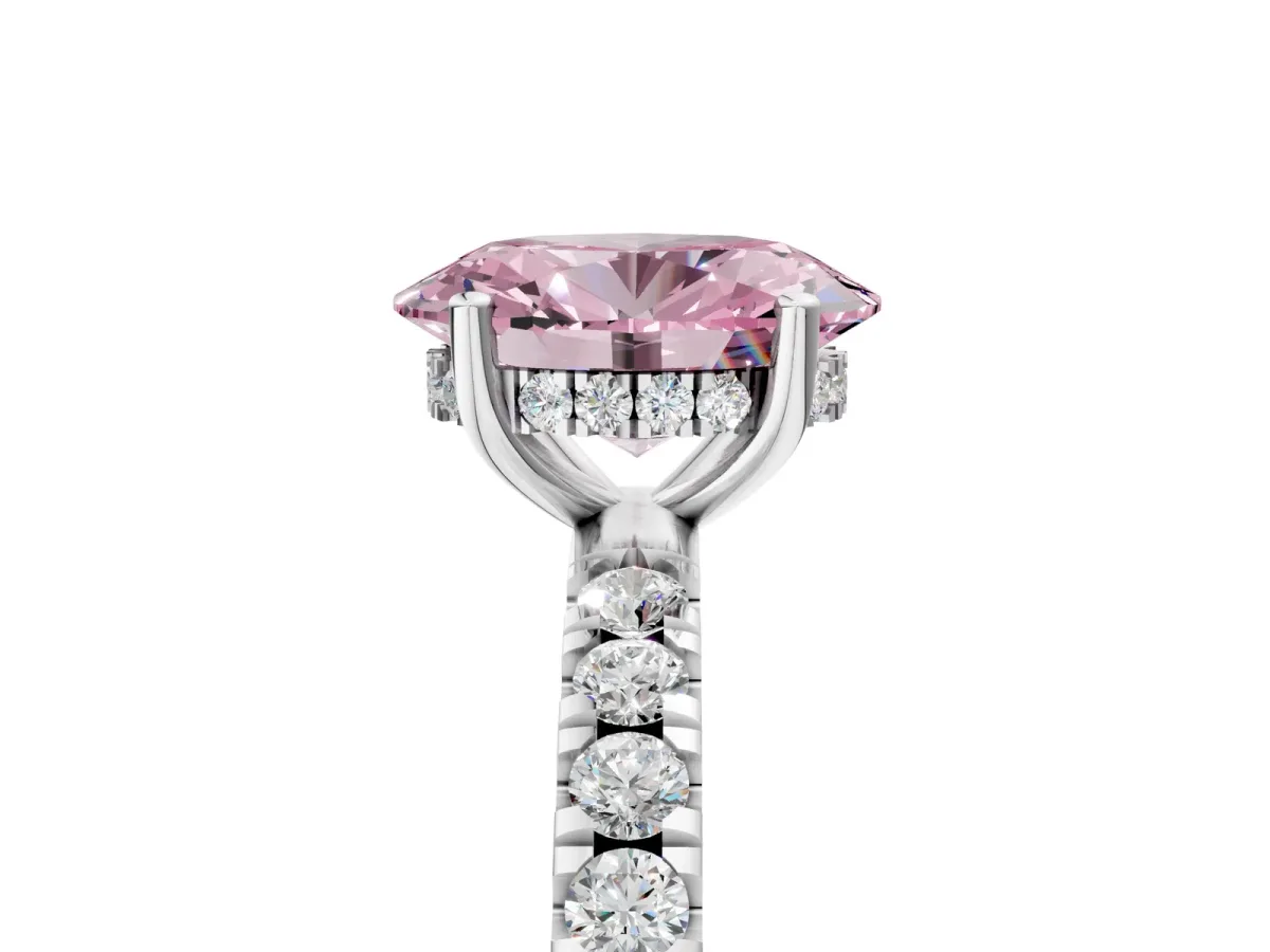 Fancy Pink Oval Cut Diamond Pave Band Solitaire Ring with Round and Prong Setting Platinum
