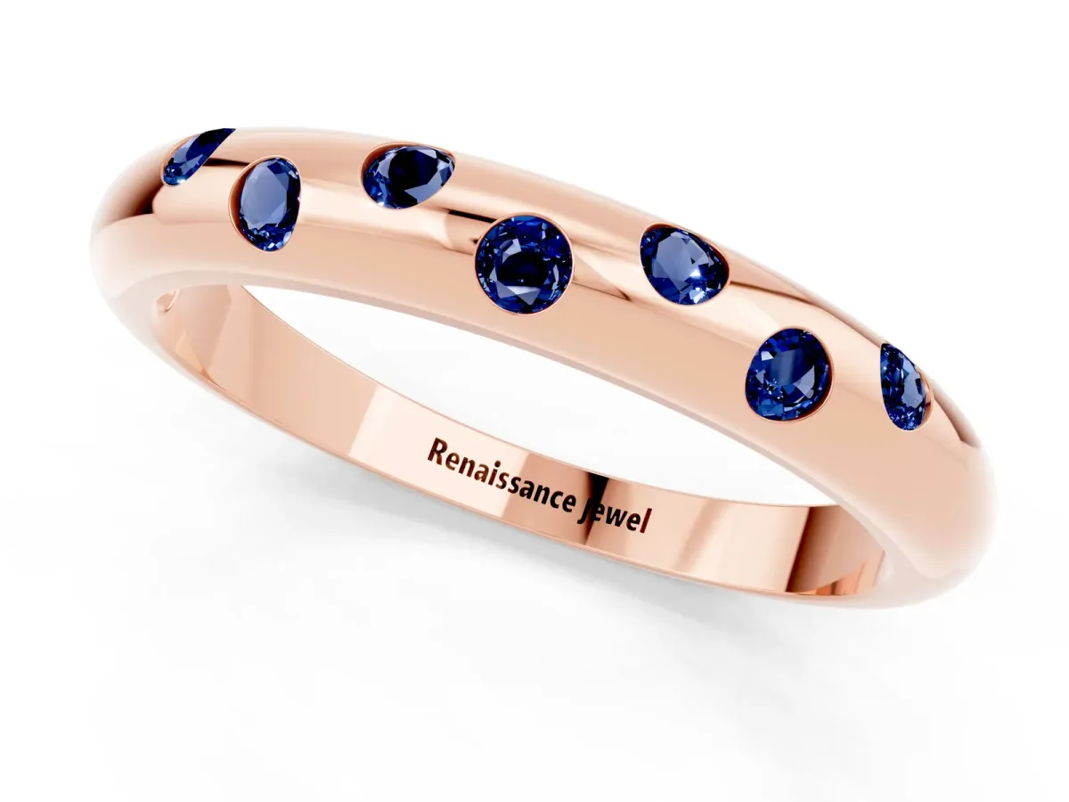 Round Blue Sapphire Flush-Set Comfort Fit Band Rose gold