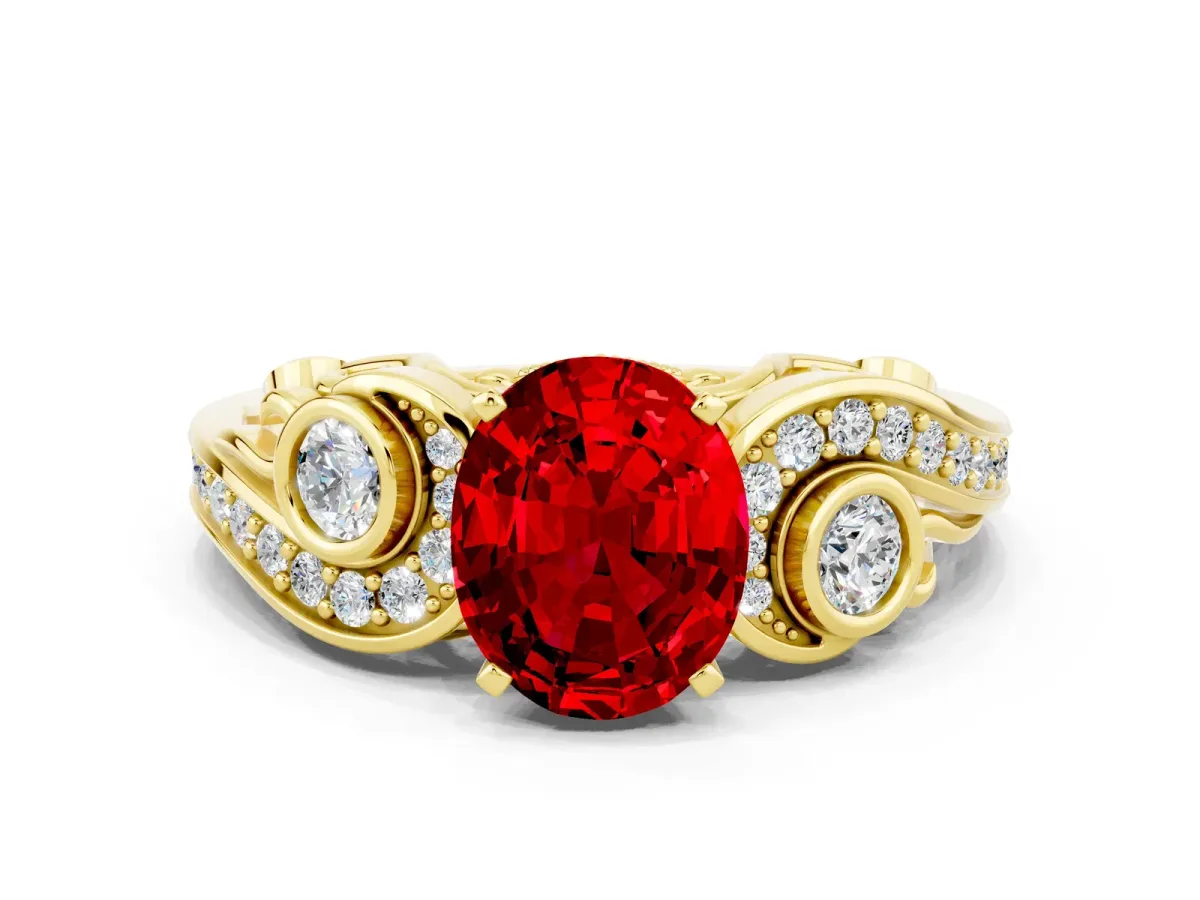 Oval Cut Ruby Solitaire Ring with Milgrain Pavé Band and Four-Prong Setting Yellow gold