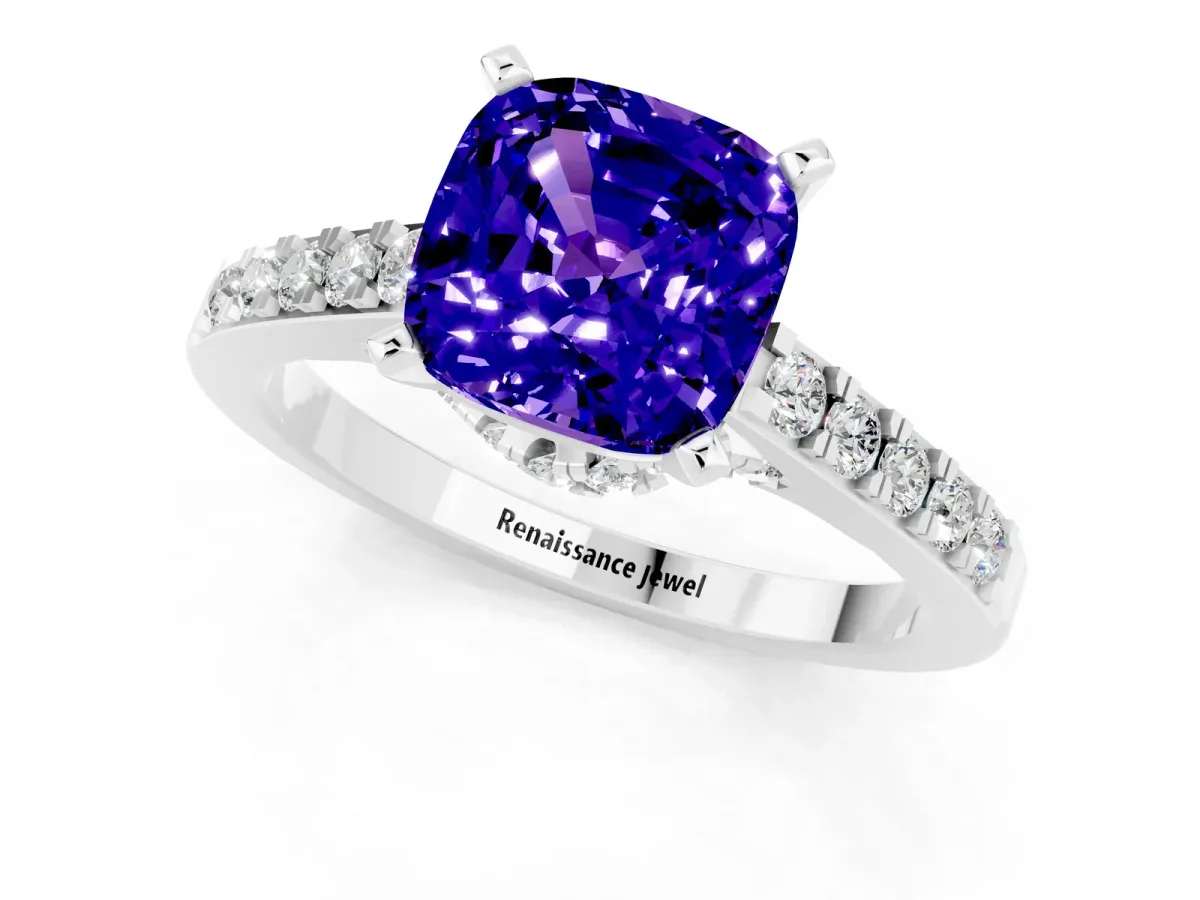 Cushion Cut Tanzanite Solitaire Ring with Crossover Gallery and Round Pavé Band Silver