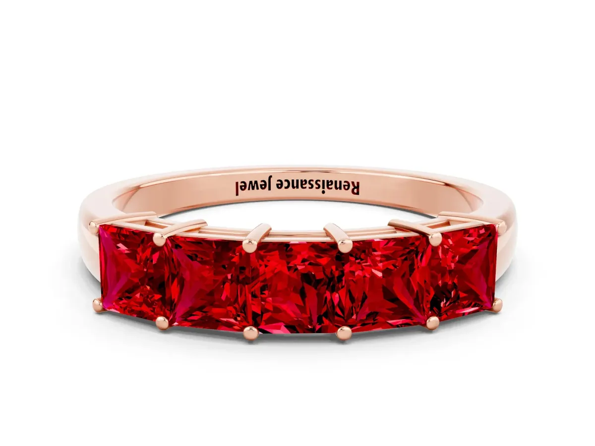 Princess Cut Five-Stone Ruby Band with Prong Setting Rose gold