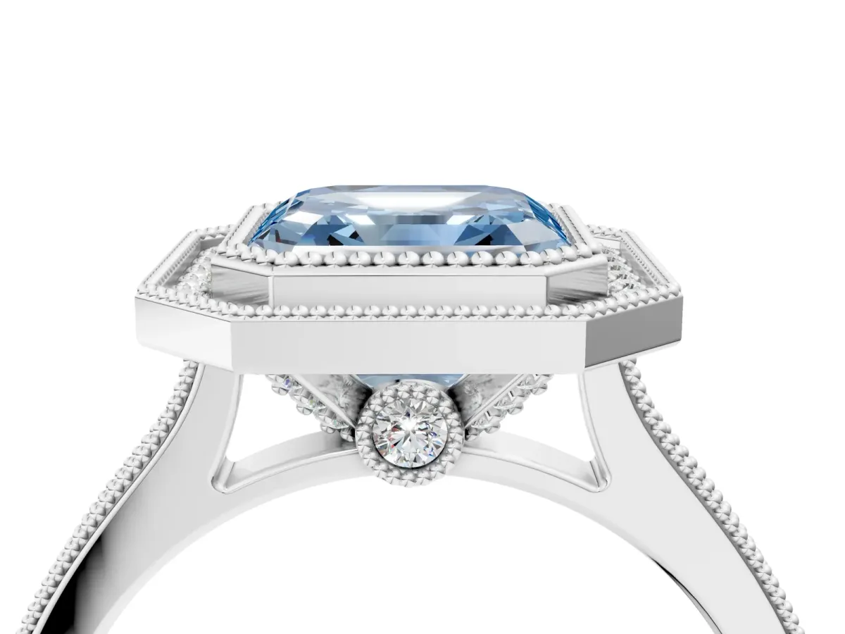 Fancy Blue Halo Asscher Cut-Cut Diamond Pave Band Milgrain Prong Setting Ring Platinum