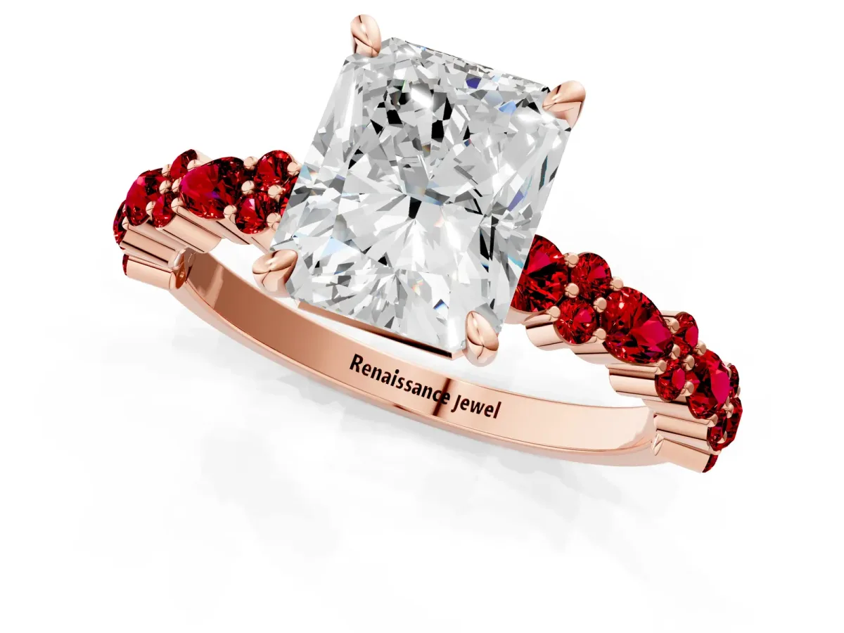 Radiant Cut Diamond Side Stone Solitaire Ring with Round Ruby and Four-Prong Setting Rose gold