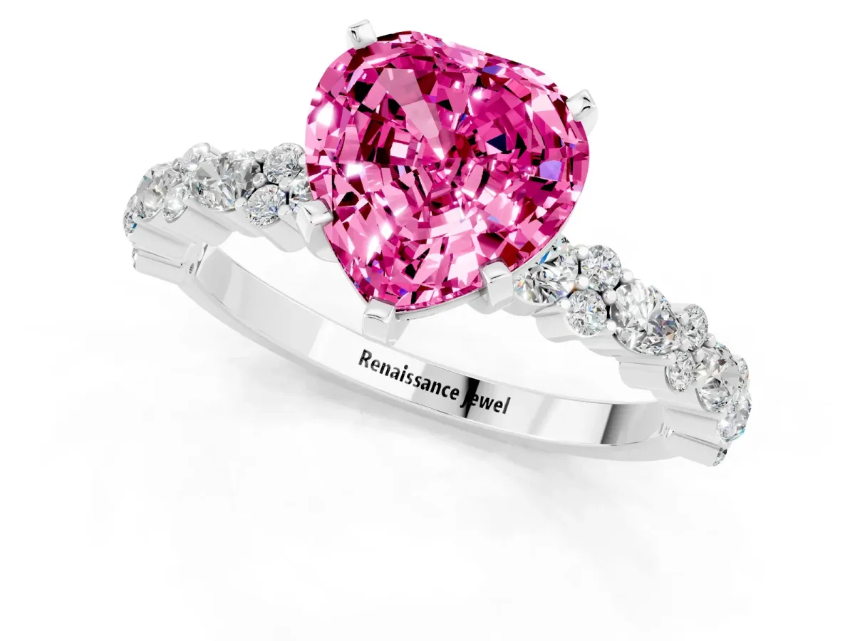 Heart Cut Pink Sapphire Side Stone Solitaire Ring with Round and Four-Prong Setting Platinum