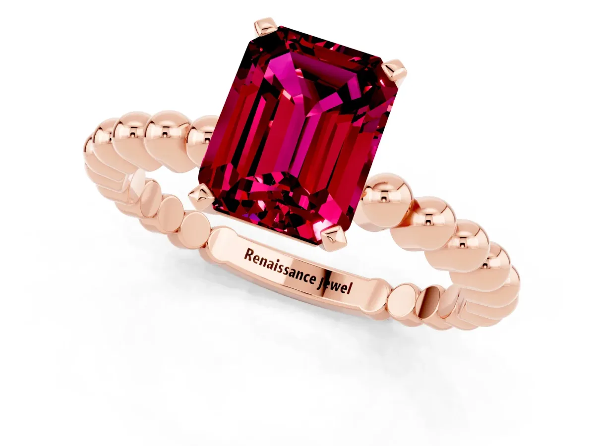 Emerald Cut Garnet Solitaire Ring with Beaded Band and Prong Setting Rose gold