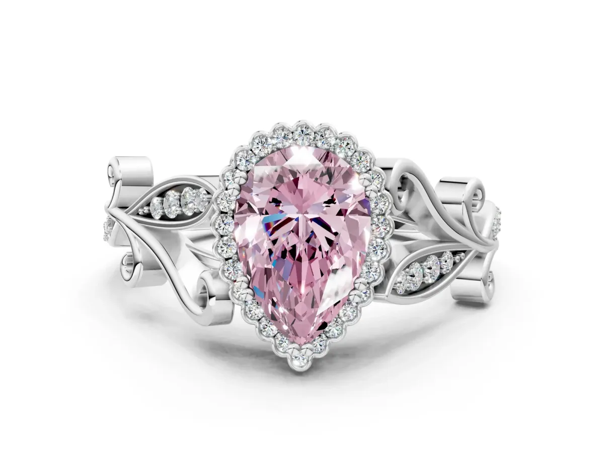 Fancy Pink Pear Cut Diamond Halo Ring with Vintage Split Shank and Four-Prong Setting Platinum