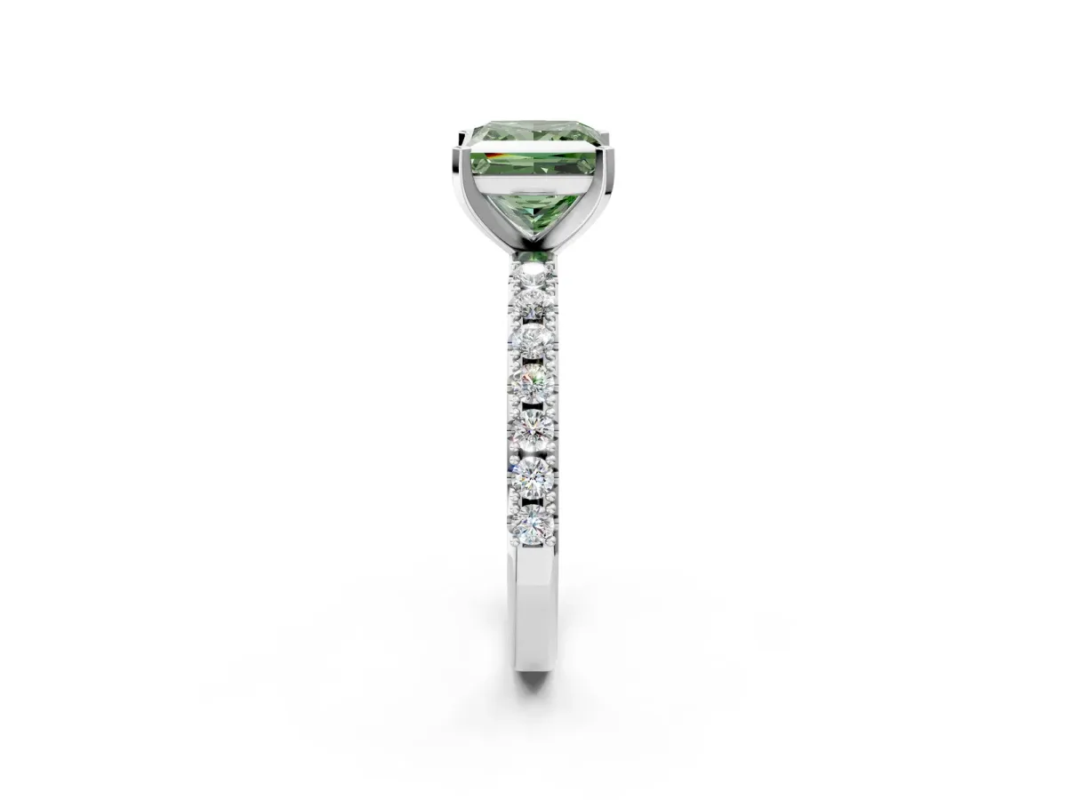 Fancy Green Princess Cut Diamond Solitaire Pavé Band with Four-Prong Setting Silver