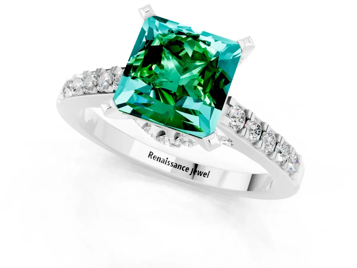 Princess Cut Emerald Solitaire Ring with Crossover Gallery and Round Pavé Band Silver