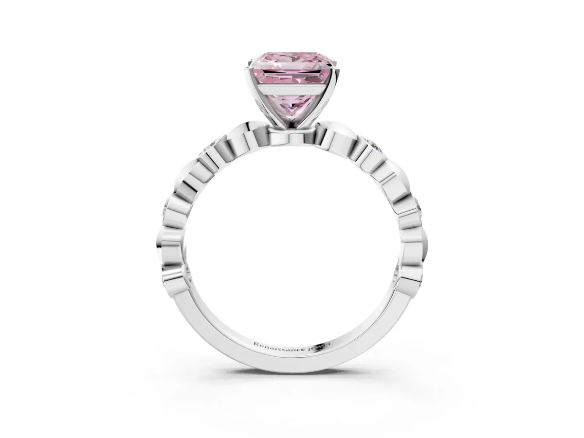 Fancy Pink Princess Cut Solitaire Bezel-Set Diamond Ring with Beaded Band and Four-Prong Setting Silver