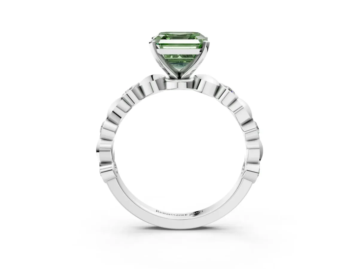 Fancy Green Asscher Cut Solitaire Bezel-Set Diamond Ring with Beaded Band and Four-Prong Setting Platinum