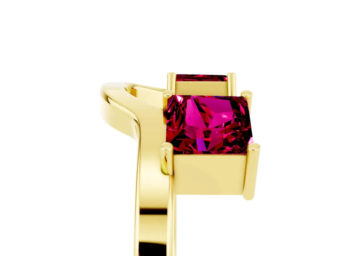 Princess Cut Garnet Two-Stone Open Band Ring with Four-Prong Setting Yellow gold
