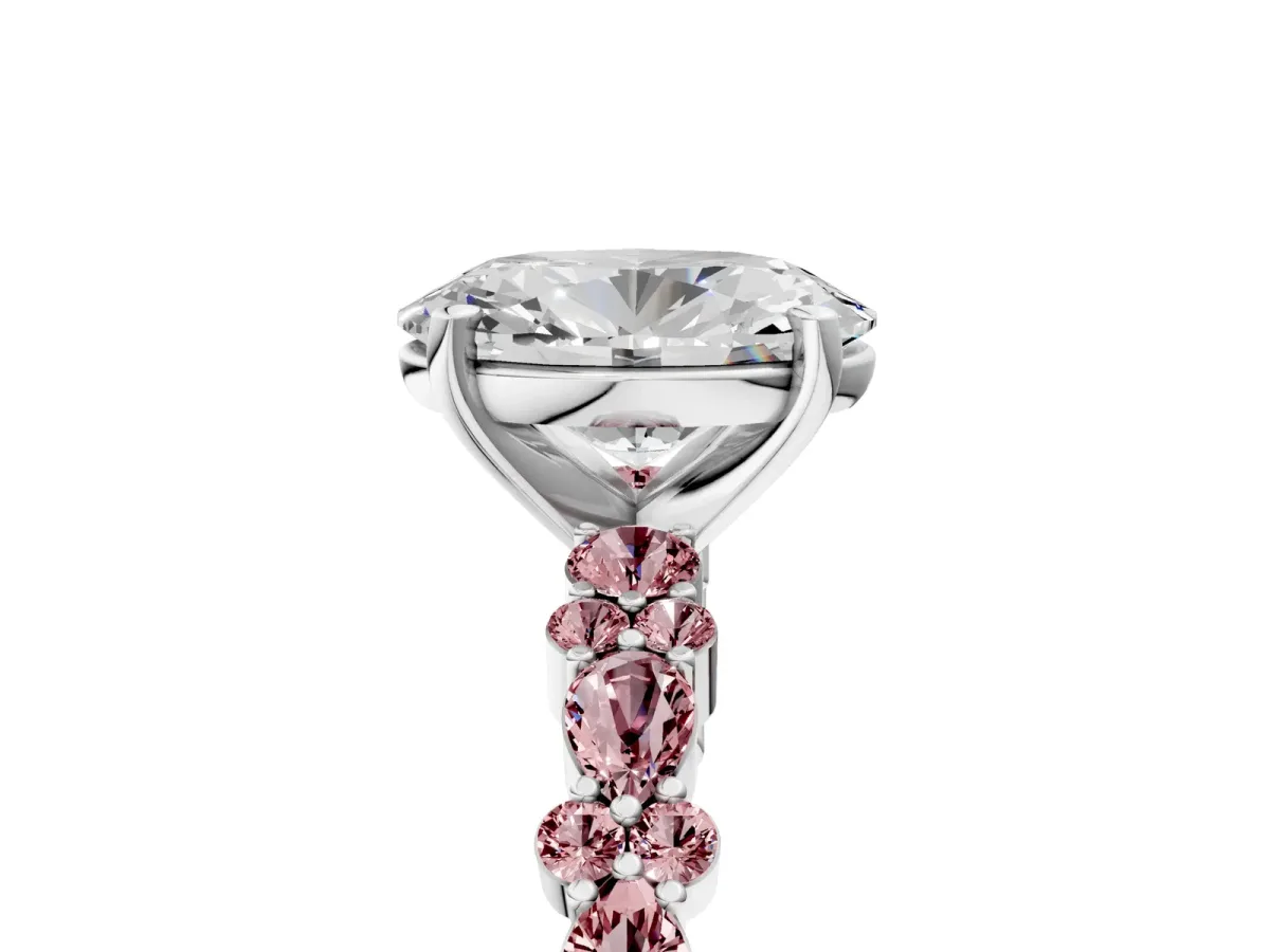 Oval Cut Diamond Side Stone Solitaire Ring with Round Morganite and Four-Prong Setting Platinum