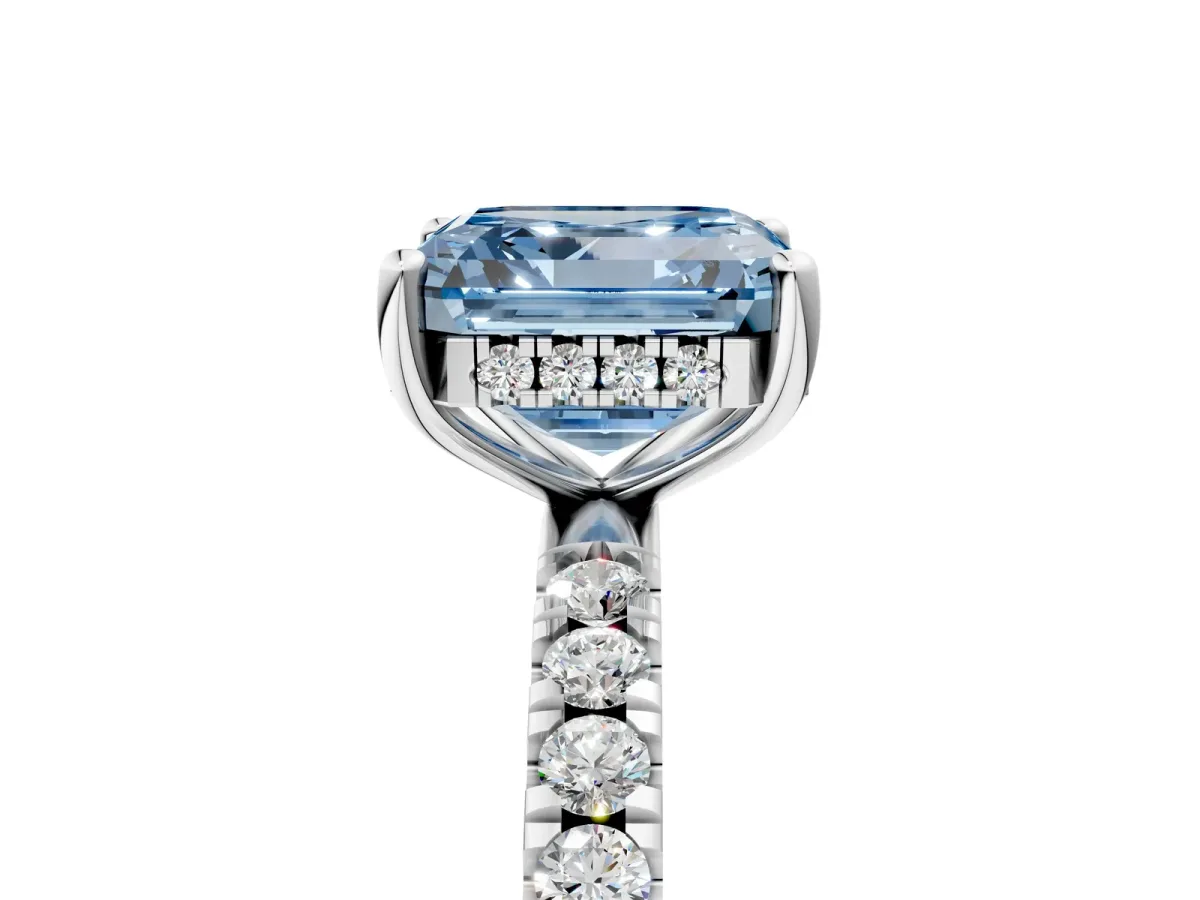 Fancy Blue Asscher Cut Diamond Pave Band Solitaire Ring with Round and Prong Setting Platinum
