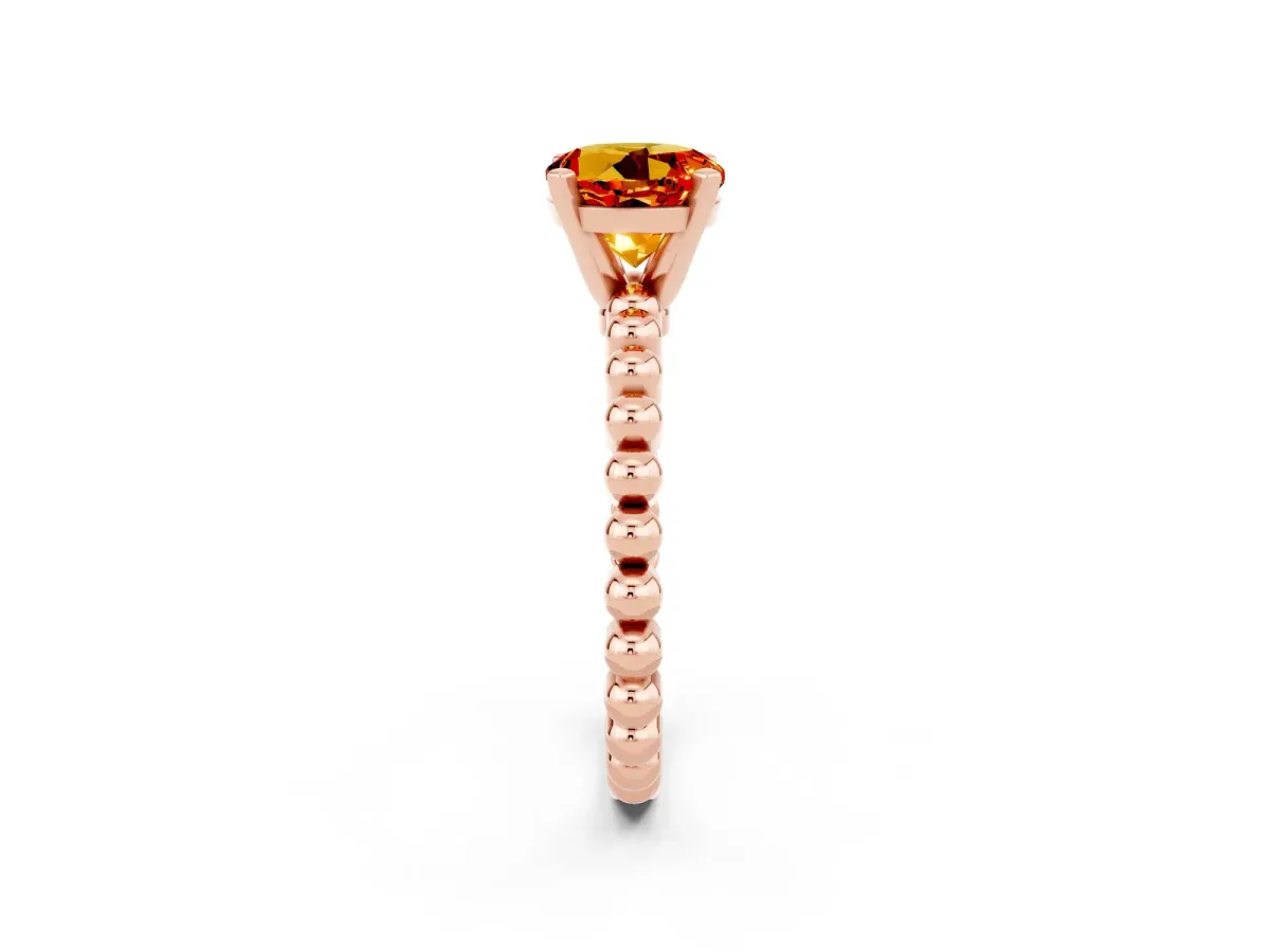 Round Cut Citrine Solitaire Ring with Beaded Band and Prong Setting Rose gold