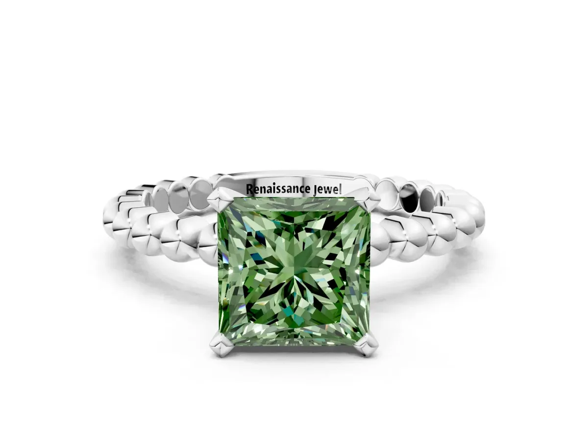 Fancy Green Princess Cut Diamond Solitaire Ring with Beaded Band and Prong Setting Silver
