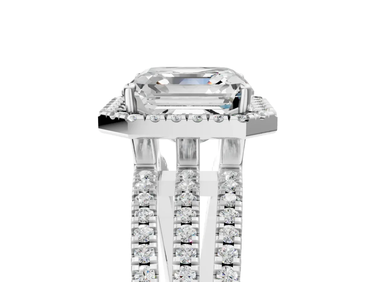 Asscher Cut Diamond Halo Engagement Ring with Split Shank and Four-Prong Setting Platinum