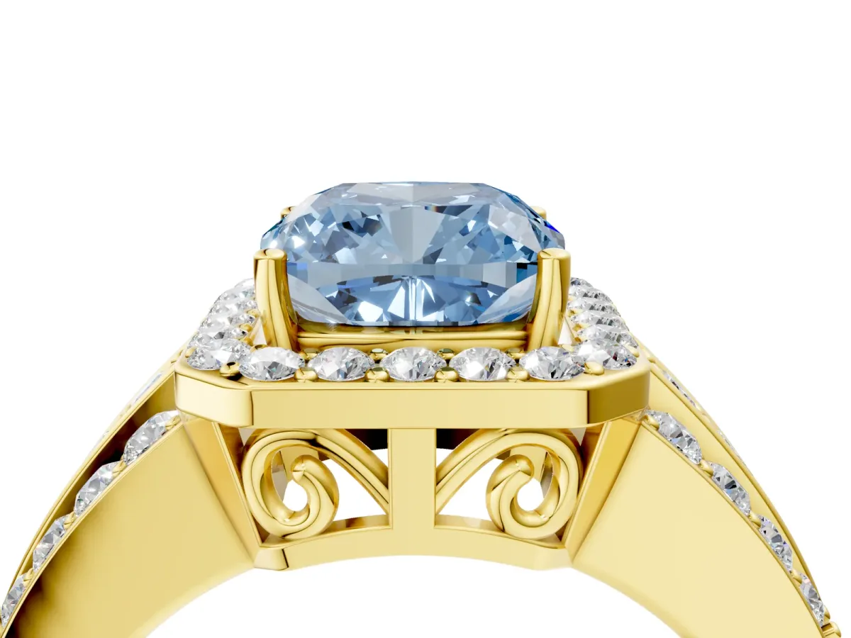 Fancy Blue Cushion Cut Halo Diamond Ring with Round Split Shank and Prong Setting Yellow gold