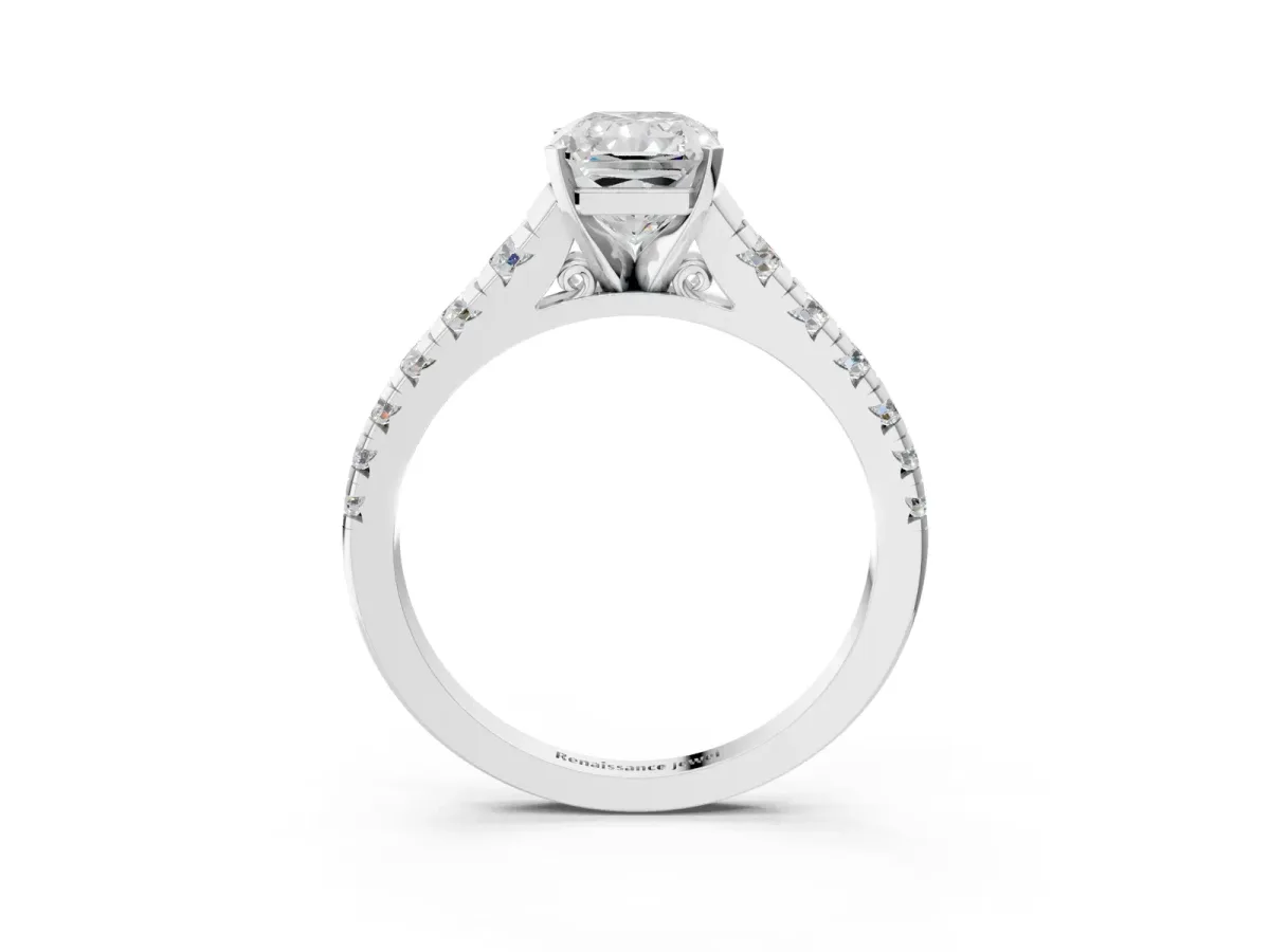 Radiant Cut Diamond Cathedral Solitaire Ring with Round Moissanite Pavé Band Silver