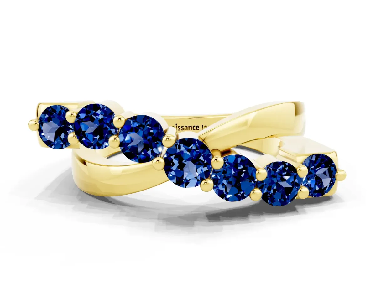 Round Blue Sapphire Prong-Set Crossover Band Yellow gold