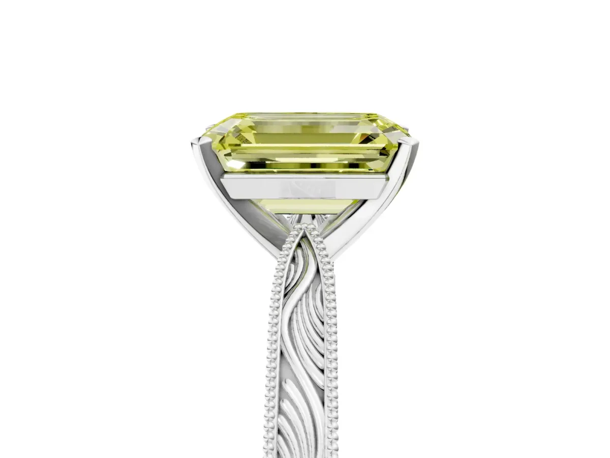Fancy Yellow Emerald Cut Solitaire Milgrain Engraved Band with Four-Prong Setting White gold