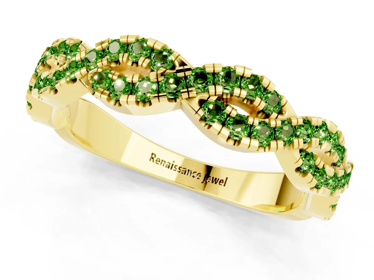 Round Peridot Twisted Eternity Band with Pavé and Shared Prong Setting Yellow gold