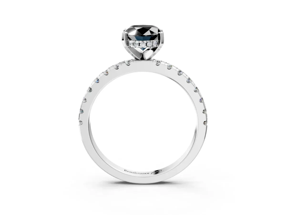 Fancy Black Oval Cut Diamond Solitaire Ring with Round Pavé Band and Four-Prong Setting Silver