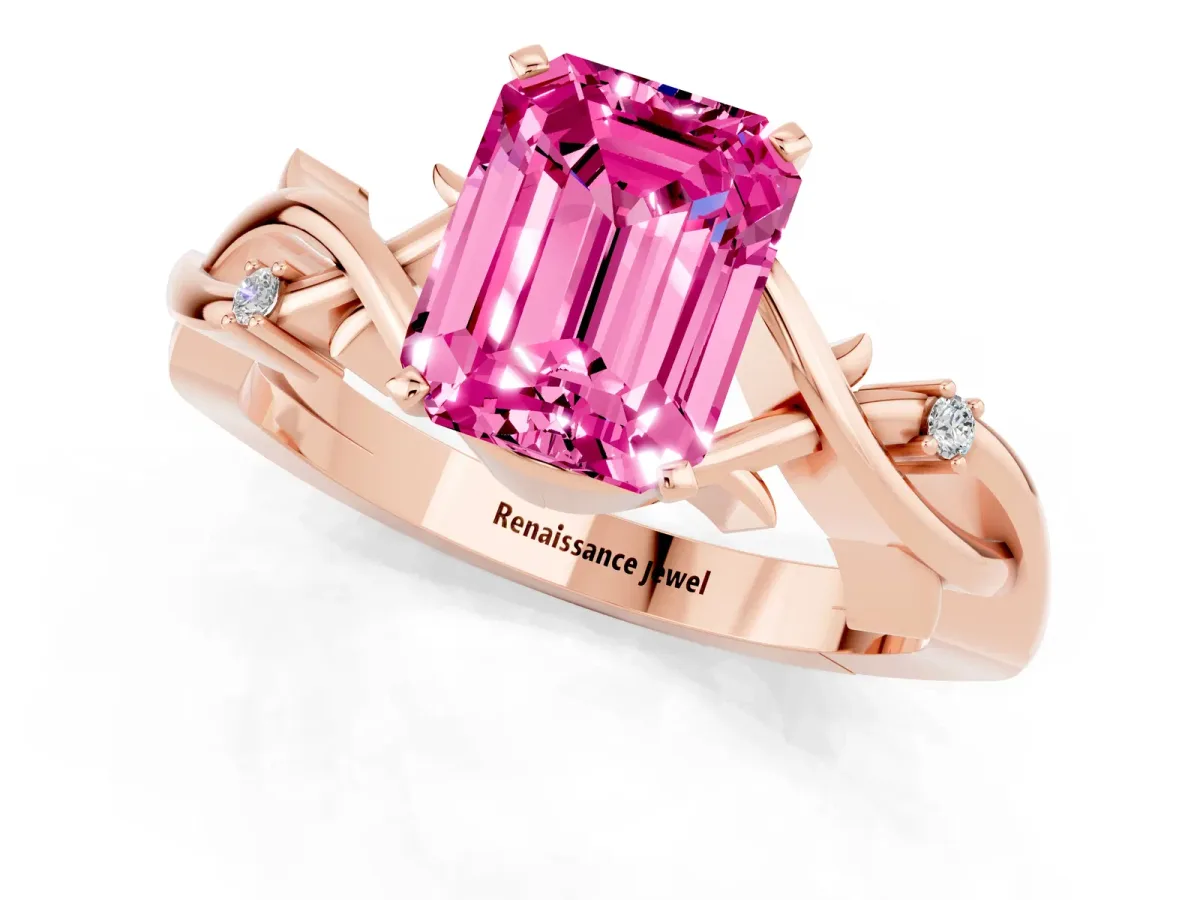 Emerald Cut Pink Sapphire Solitaire Ring with Twisted Band and Prong Setting Rose gold