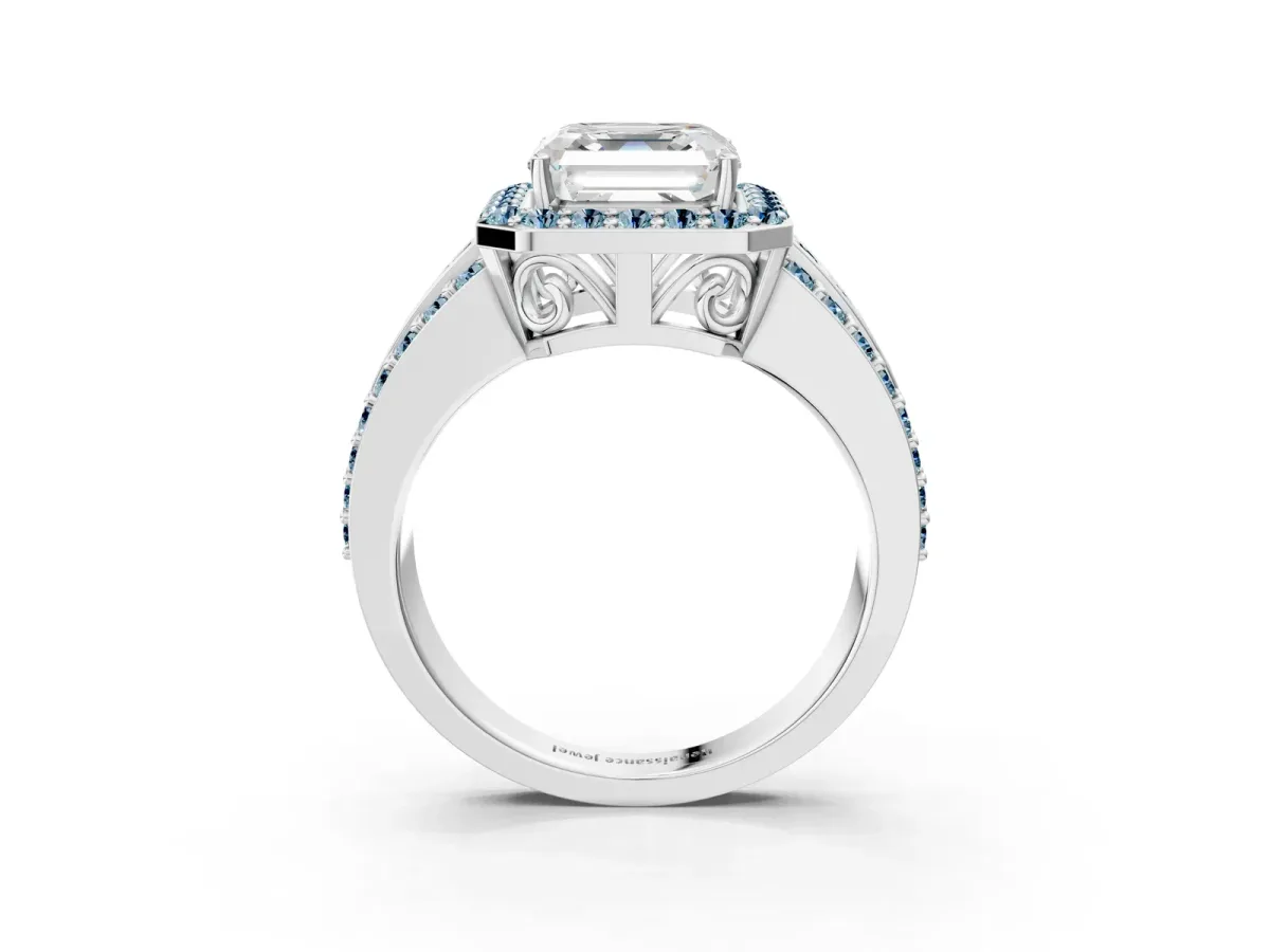 Asscher Cut Halo Diamond Ring with Round Aquamarine Split Shank and Prong Setting Silver