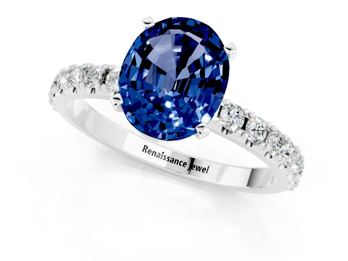 Oval Cut Blue Sapphire Solitaire Pavé Band with Four-Prong Setting Platinum