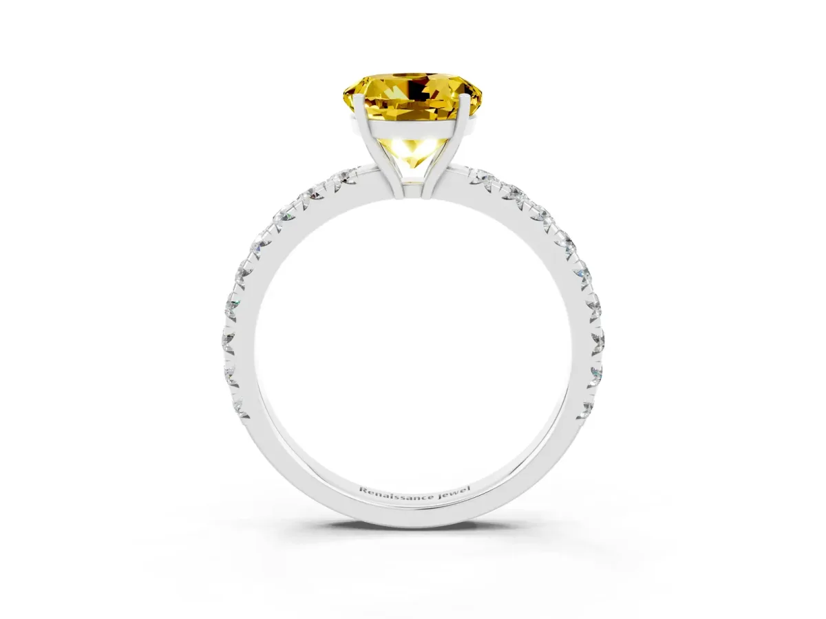 Round Cut Yellow Sapphire Pavé Solitaire Engagement Ring with Four-Prong Setting Silver