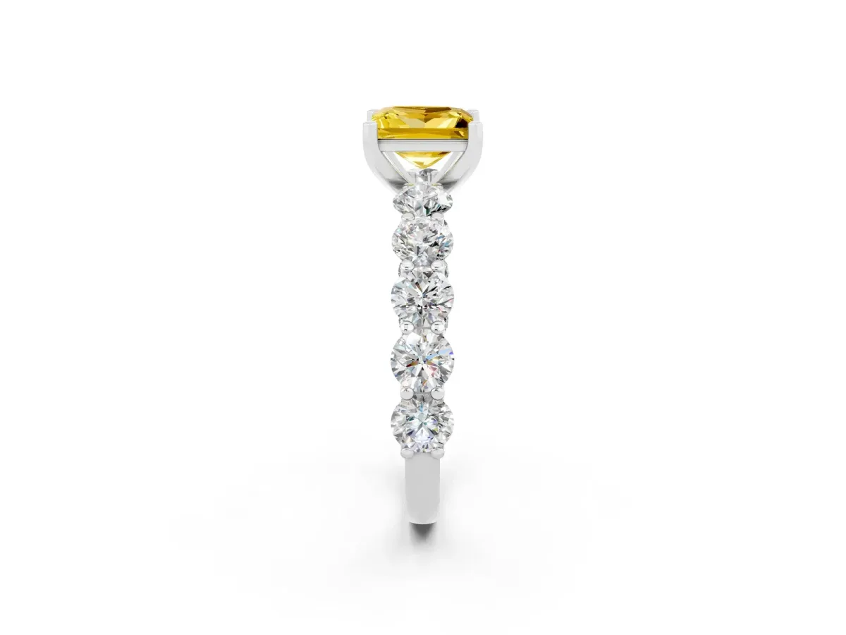 Princess Cut Yellow Sapphire Prong Setting with Side Stones on a Pave Band Silver