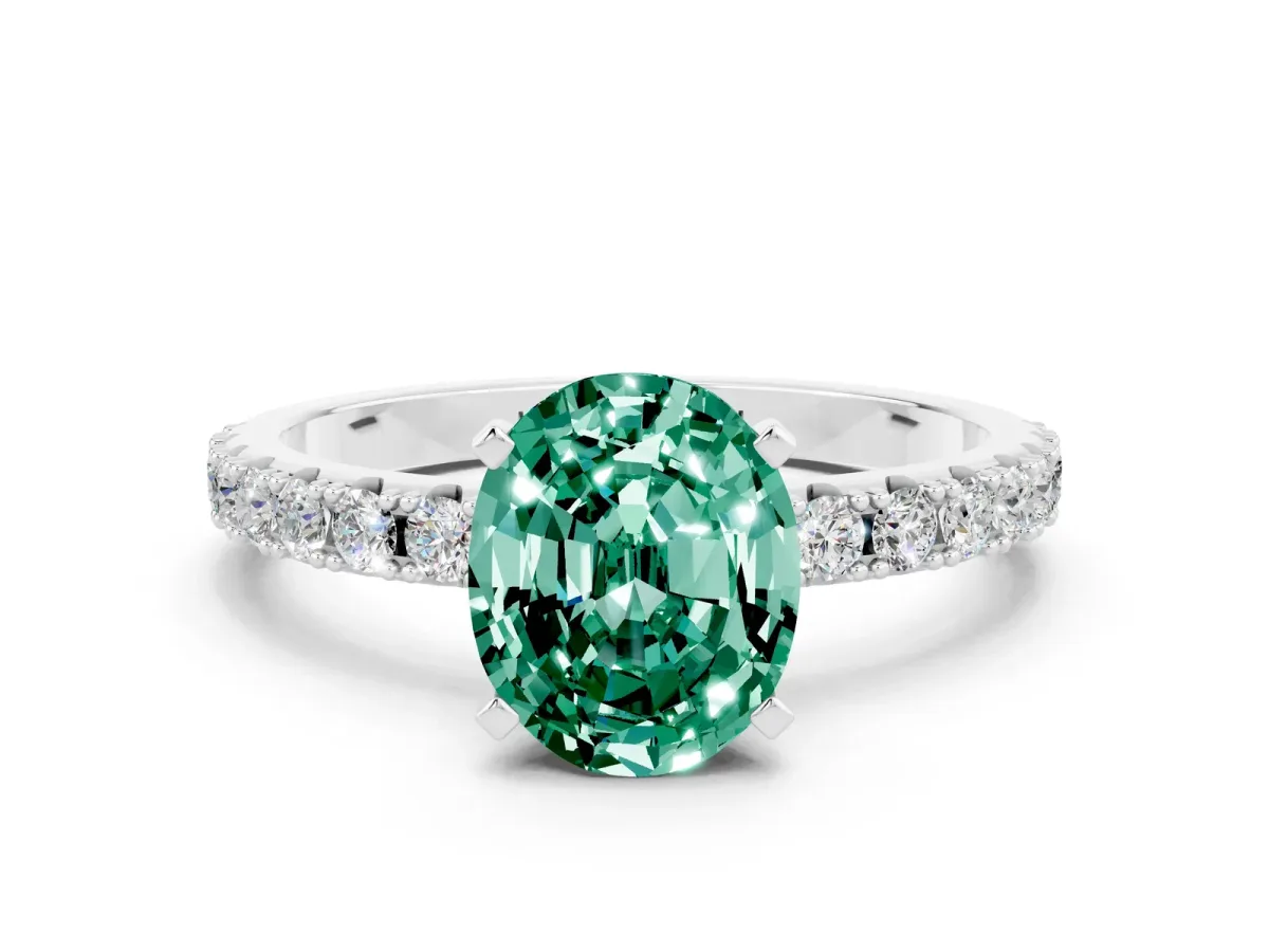 Oval Cut Green Sapphire Solitaire Pavé Band with Four-Prong Setting Silver