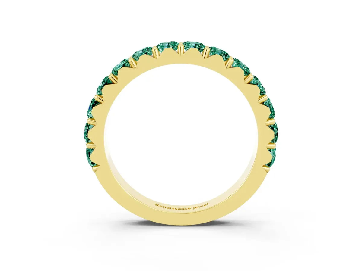 Round Green Sapphire Half Eternity Band with Classic Prong Setting Yellow gold