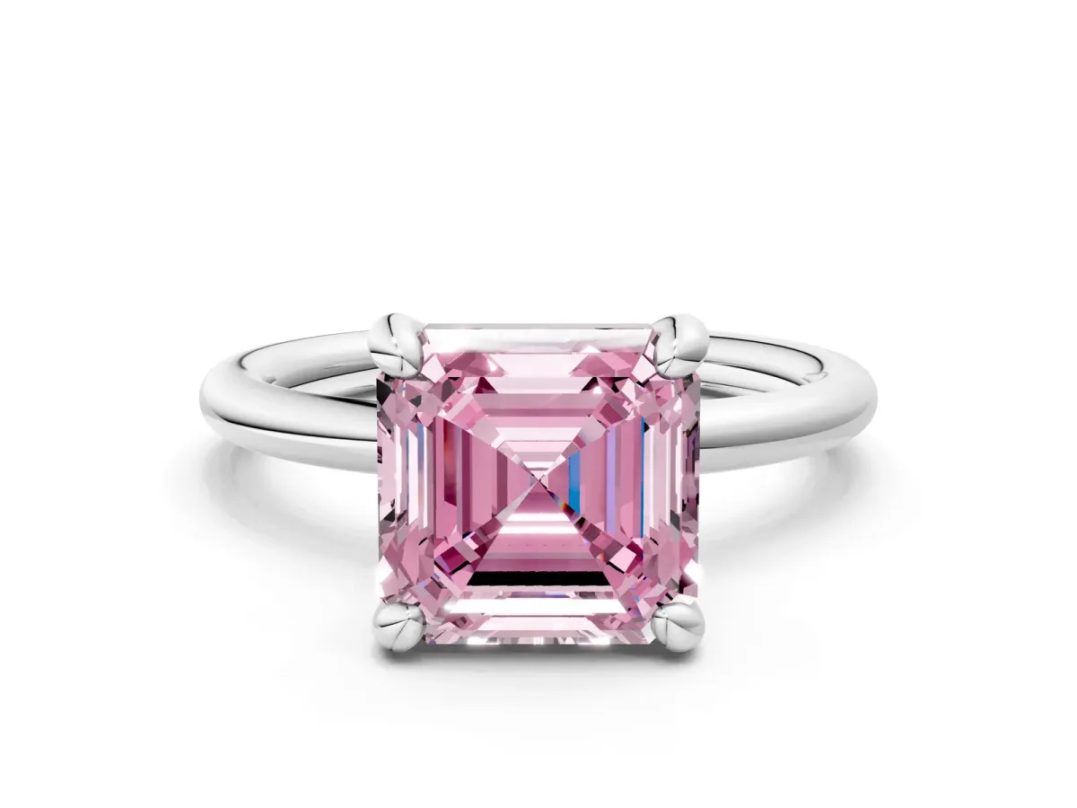 Fancy Pink Asscher Cut Solitaire Diamond Ring with Four-Prong Setting on a Plain Band Platinum