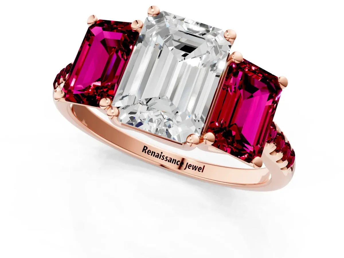 Three-Stone Emerald Cut Diamond Ring with Round Garnet Pavé Band and Prong Setting Rose gold