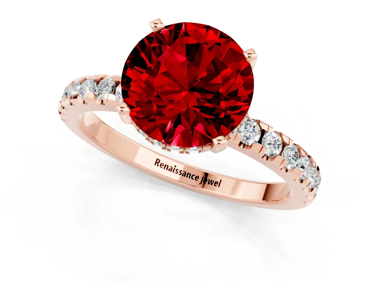 Round Cut Ruby Solitaire Ring with Round Pavé Band and Four-Prong Setting Rose gold
