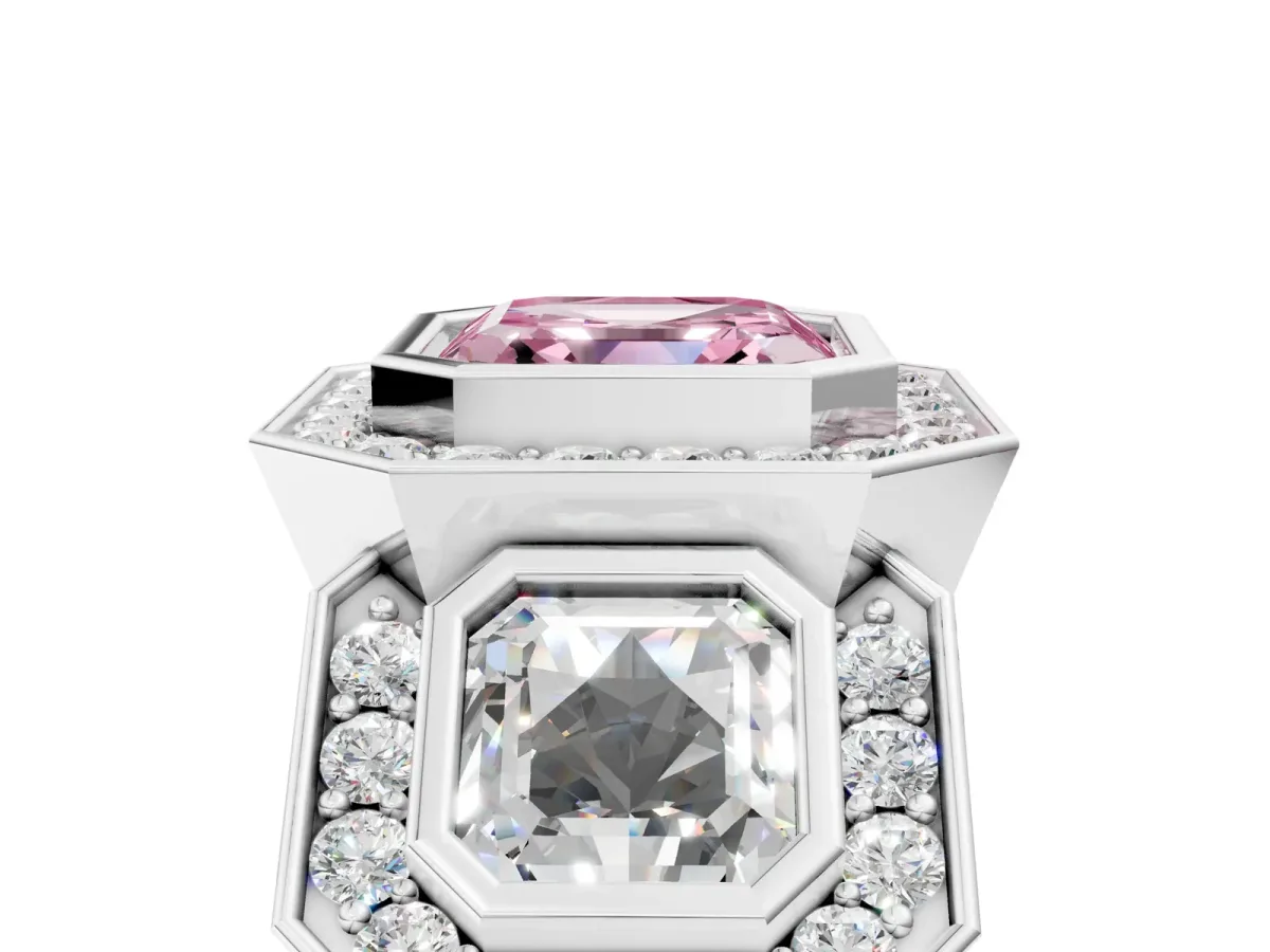 Fancy Pink Three-Stone Asscher Cut Halo Pavé Diamond Ring Platinum